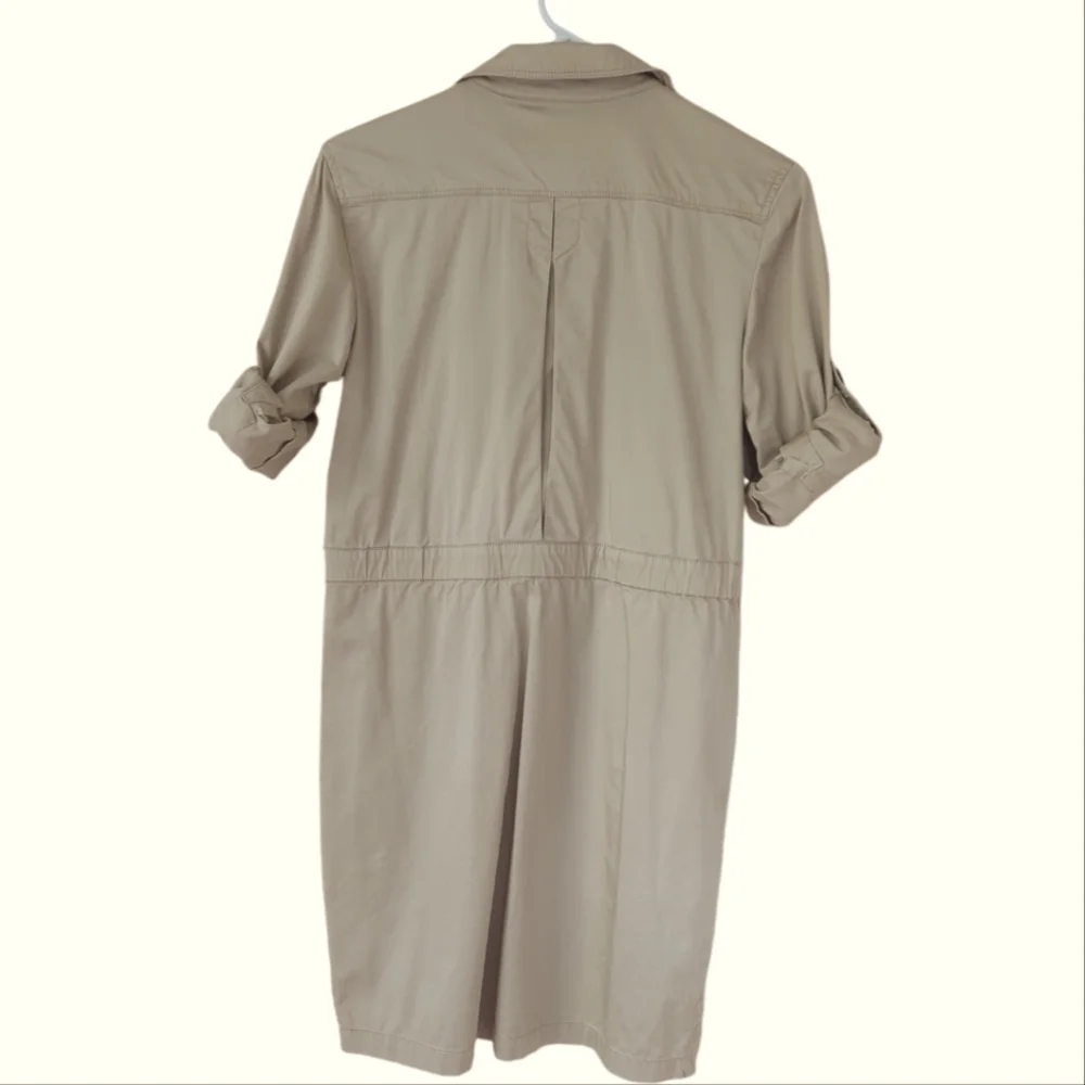 Ann Taylor Loft Khaki Safari Button Tab Sleeve Collared Dress SP Tan Pockets - Picture 7 of 16